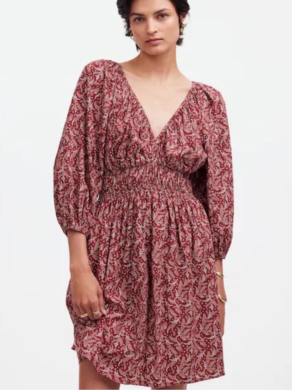 Madewell Puff Sleeve V Neck Mini Dress in Paisley Floral